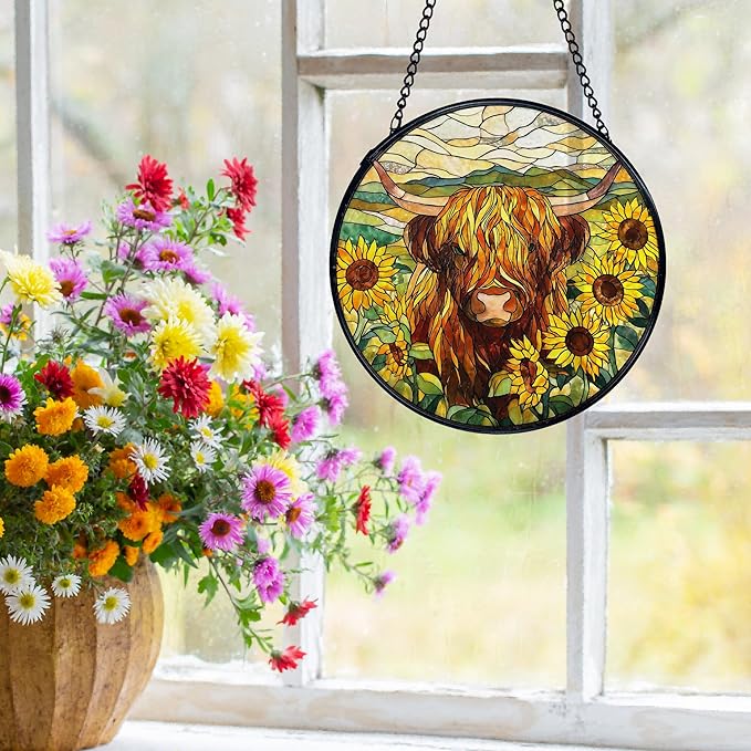 Highland Cow Decor, Sunflower Suncatchers Stained Glass Window Hanging, Western Highland Cow Flower Sun Catchers Indoor Window Glass Round Wall Decor 7.9x7.9in