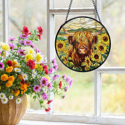 Highland Cow Decor, Sunflower Suncatchers Stained Glass Window Hanging, Western Highland Cow Flower Sun Catchers Indoor Window Glass Round Wall Decor 7.9x7.9in