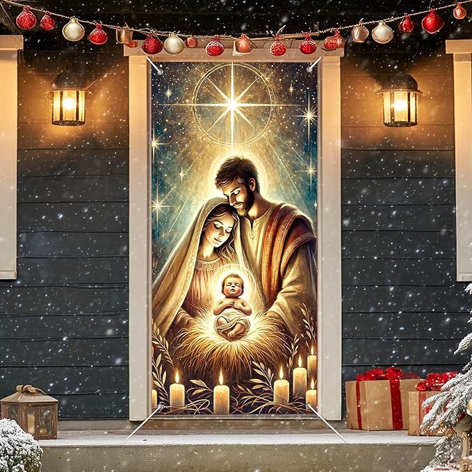 IVN Christmas Door Cover Decoration 71 x 35 in Holiday Banner Glowing Nativity Scene with Radiant Infant and Holy Family Photo Backdrop Indoor Outdoor for Front Door Party Decorations