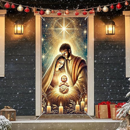 IVN Christmas Door Cover Decoration 71 x 35 in Holiday Banner Glowing Nativity Scene with Radiant Infant and Holy Family Photo Backdrop Indoor Outdoor for Front Door Party Decorations