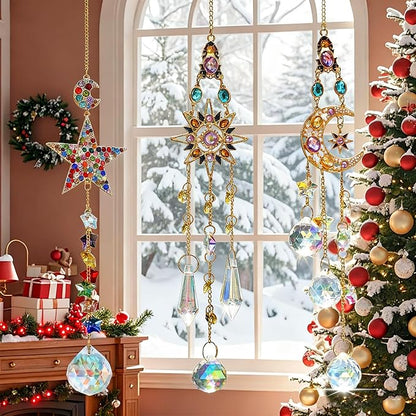 H&D HYALINE & DORA 3Pcs Sun Catchers with Crystals Glass Prisms Rhinestones Suncatcher Rainbow Maker Pendant Indoor Window Home Car Decor Gift(Star, Sun, Moon)