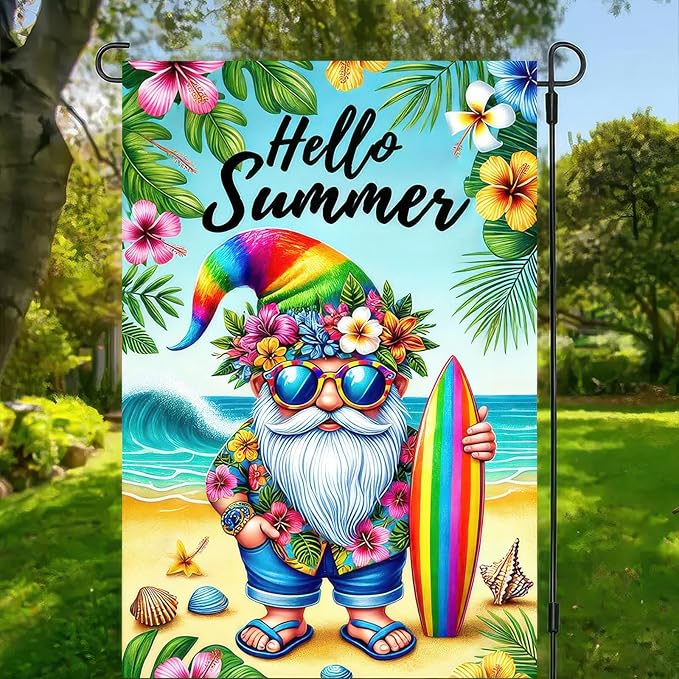 BlissYard Hello Summer Garden Flag Beach Gnome Flag 12x18 Inch Double Sided Welcome Summer Holiday Yard Flag Outside Decoration Farmhouse Outdoor Small Decor