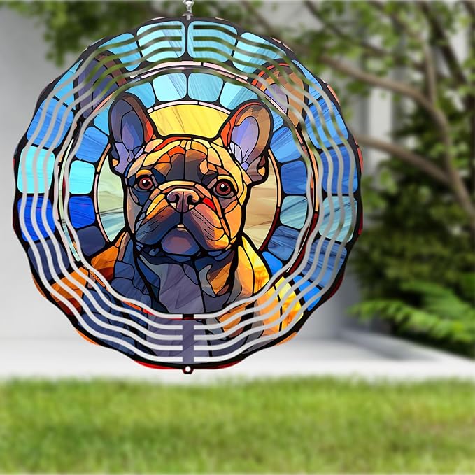 French Bulldog Wind Spinner Pet Dog Memorial Gifts 3D Aluminum Metal Kinetic Hanging Wind Sculpture Spinners for Yard and Garden Indoor Outdoor Window Garden Decoration 8 Inch (French Bulldog 1)