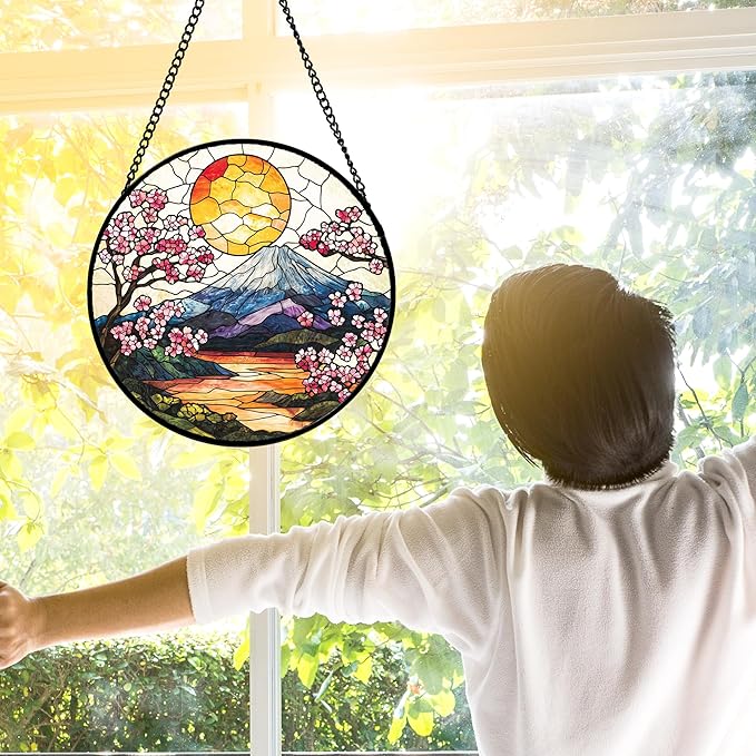 DASTOLL Stained Glass Window Hanging, Sun Blooming Cherry Blossoms Suncatcher Diamond Glass Panel Sun Catchers Decor for Birthday for Women, Men, Wife, Aunt, and Mom 6.3 in