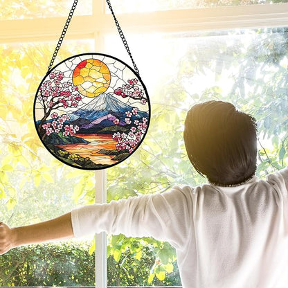 DASTOLL Stained Glass Window Hanging, Sun Blooming Cherry Blossoms Suncatcher Diamond Glass Panel Sun Catchers Decor for Birthday for Women, Men, Wife, Aunt, and Mom 6.3 in