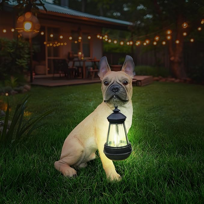 French Bulldog Statue with Solar Lantern & Double-Sided Welcome Sign, Lifelike Fawn Frenchie Dog Garden Decor Sculpture for Outdoor, Patio, Yard, Lawn Porch Ornament, Dog Lover Gifts (13.8" Tall)