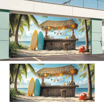 ANNA QUEEN Tiki Bar Garage Door Banner 6 x 13FT, Tropical Beach Surf Scene with Palm Trees and Surfboards,Outdoor Garage Decoration for Summer Parties Home Decor
