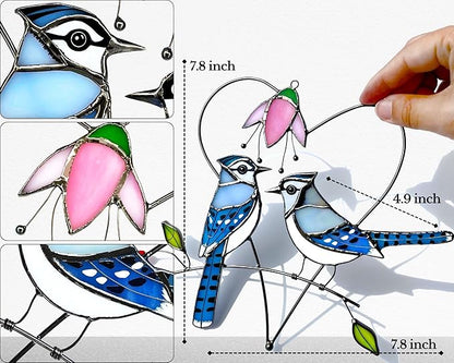 Blue Jay (1 Pair) Stained Glass Birds Suncatcher for Mom, Grandma, Women - Real Glass Window Hanging Ornament - Handmade Bird Lover Home Decor (Gifts Ready Packaging)