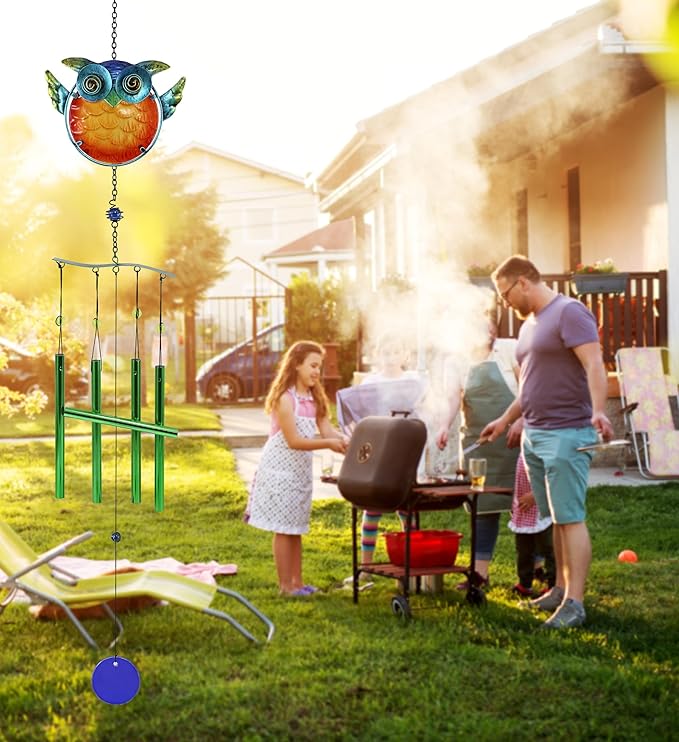 CoTa Global Owl Wind Chime - Handmade Glass and Metal Chime - Bird Wild Life Hanging Decor - Colorful Home Decor Gift, Indoor and Outdoor Hanging Decoration for Porch, Patio, and Garden - 36 Inches