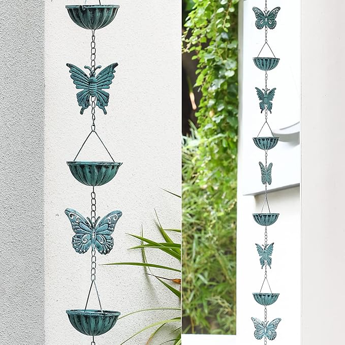 8.5 Ft Rain Chain for Gutters Downspouts, Cups with Butterfly, Distressed Blue……