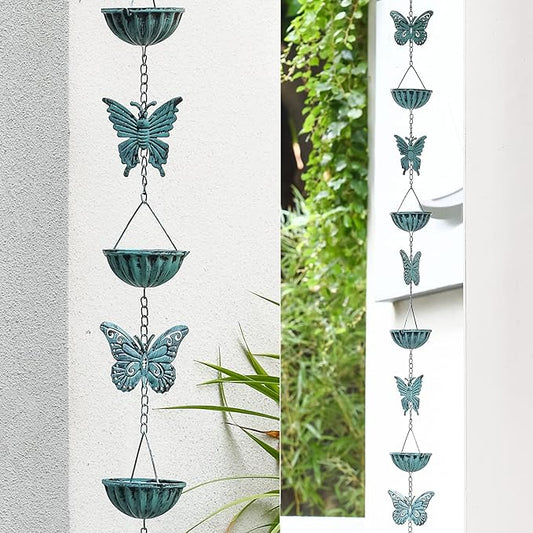 8.5 Ft Rain Chain for Gutters Downspouts, Cups with Butterfly, Distressed Blue……
