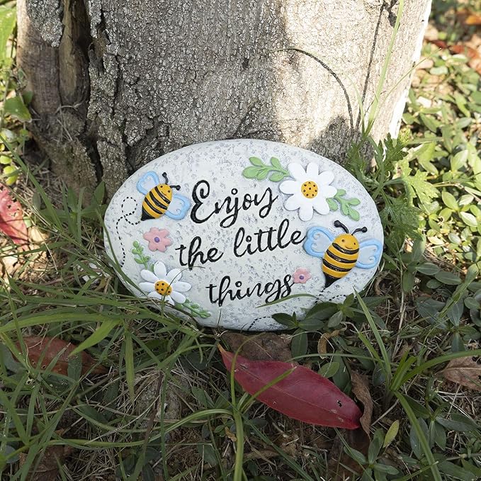 Spring Decorative Garden Stones Outdoor, 6x4.1In Enjoy The Little Things Bee Stone with White Flower, Concrete Stepping Stones for Walkway Pathway Yard Outside