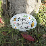 Spring Decorative Garden Stones Outdoor, 6x4.1In Enjoy The Little Things Bee Stone with White Flower, Concrete Stepping Stones for Walkway Pathway Yard Outside
