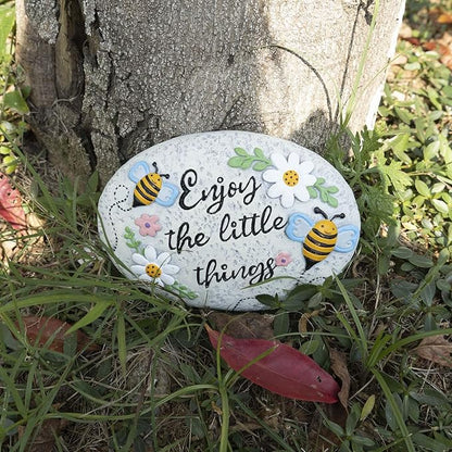 Spring Decorative Garden Stones Outdoor, 6x4.1In Enjoy The Little Things Bee Stone with White Flower, Concrete Stepping Stones for Walkway Pathway Yard Outside