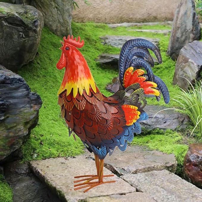 Iron Rooster Garden Statue Lawn Ornament Decoration Figure Sculpture for Porch