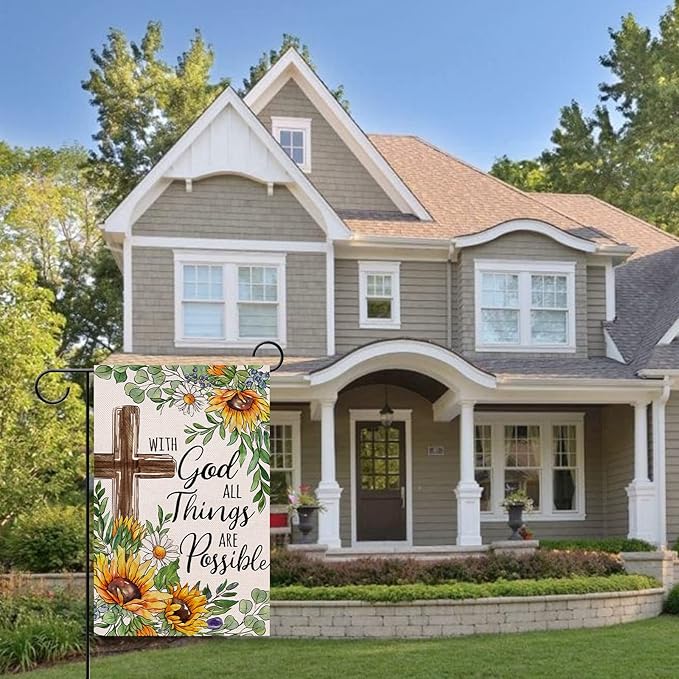 With God All Things Are Possible Christian Decorative Garden Flag, Religious Cross Sunflower Spring Summer Easter Yard Outside Decorations, Inspirational Fall Outdoor Small Home Decor 12 x 18