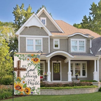 With God All Things Are Possible Christian Decorative Garden Flag, Religious Cross Sunflower Spring Summer Easter Yard Outside Decorations, Inspirational Fall Outdoor Small Home Decor 12 x 18