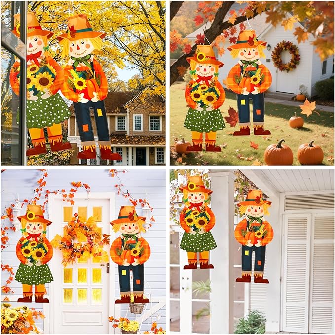 NOVWANG 2 Pcs Fall Scarecrow Windsocks, Autumn Outdoor Hanging Flag Fall Scarecrow Hanging Sign Thanksgiving Outside Flag for Yard Lawn Patio Garden Party Decorations