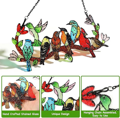 Huray Rayho Birds On Branch Stained Glass Suncatcher Cardinal Hummingbird Kingfisher Double Side Glass Panel Window Hanging Decor Bird Ornament Bird Lover Gift for Mom Grandma