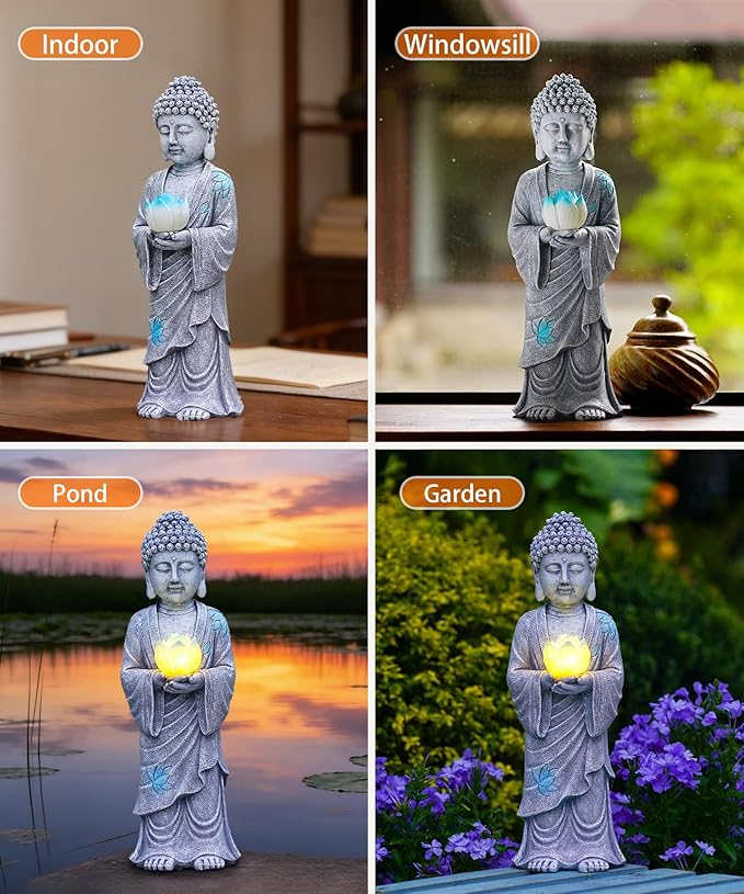 Nacome Solar Buddha Garden Statues with Lotus Flower: Resin Zen Decor Waterproof Sculpture Outdoor Light Design for Outside Patio Lawn Yard Balcony - 14.6 inches(Grey)