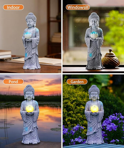 Nacome Solar Buddha Garden Statues with Lotus Flower: Resin Zen Decor Waterproof Sculpture Outdoor Light Design for Outside Patio Lawn Yard Balcony - 14.6 inches(Grey)