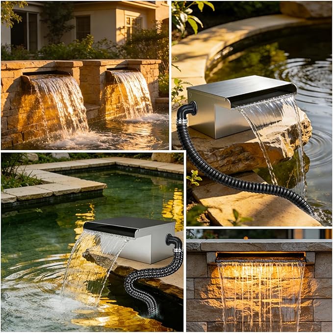 All-in-1 Pond Waterfall Kit with 800GPH Water Pump, 12-inch Stainless Steel Spillway with LED Light, 3-Stage Filtration Outdoor Waterfall for Garden, Backyard, Pool, Water Feature