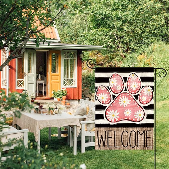 AVOIN colorlife Pink Paw Print Spring Garden Flag 12x18 Inch Double Sided Outside, Daisy Floral Welcome Stripes Yard Outdoor Flag
