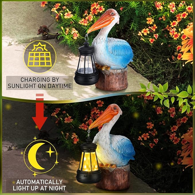 Leinuosen Pelican Garden Decor with Solar Lantern Pelican Solar Light 6.1 Inches/ 15.5 cm Statues for Pool Outside Sculptures & Statues Lights for Lawn Decor Unique Ornament Women Mom Gift