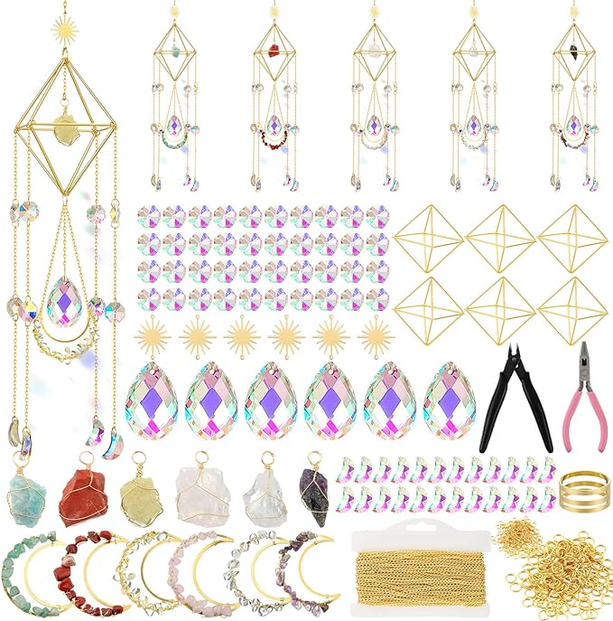 Knitgrip 6 Set 508 Pcs DIY Crystal Suncatcher Making Kits Craft with Rainbow Pendants Chains Gemstone Sun Catcher Hanging Colorful Crystal Prisms Windows Decor Wind Chimes with Chain Pendant Decor