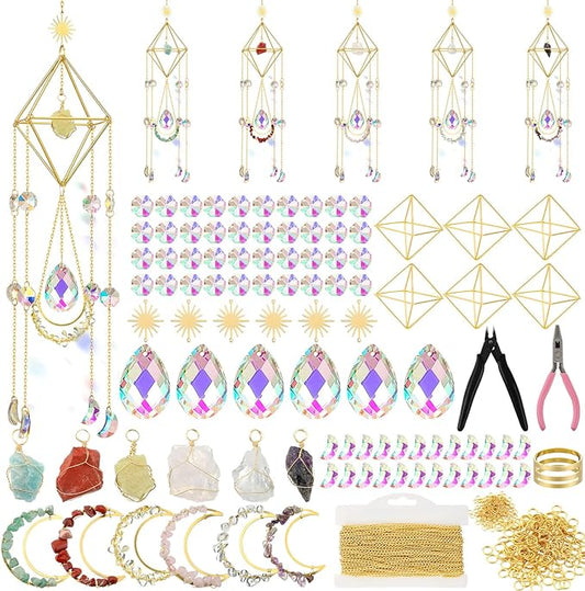 Knitgrip 6 Set 508 Pcs DIY Crystal Suncatcher Making Kits Craft with Rainbow Pendants Chains Gemstone Sun Catcher Hanging Colorful Crystal Prisms Windows Decor Wind Chimes with Chain Pendant Decor