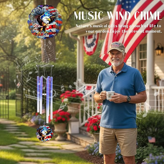 American Eagle Wind Chimes - Metal Flag Windchime with 3D Wind Spinners Indoor Outdoor Art Hanging for Garden Patio Lawn Yard Balcony Home 250 Anniversary Patriotic Decor Gift for Friends