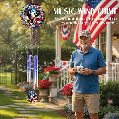 American Eagle Wind Chimes - Metal Flag Windchime with 3D Wind Spinners Indoor Outdoor Art Hanging for Garden Patio Lawn Yard Balcony Home 250 Anniversary Patriotic Decor Gift for Friends