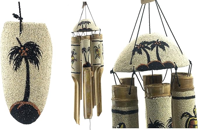 Bellaa 24629 Bamboo Wind Chimes Sea Sand Art Painting Palm Coconut Tree Gecko Sea Turtle Handmade Windchimes Outdoor Garden Patio Gifts 32 Inch