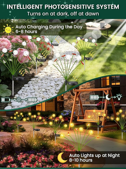 Solar Garden Lights Outdoor ,8 Pack 64 LED, Solar Swaying Dandelion Bee Lights Waterproof, Swaying Firefly Lights for Yard Pathway Lawn Patio Decorations, 2 modes (Steady on, Slow Twinkle), Warm White