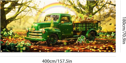 St Patricks Day Garage Door Banner 157.5x70.9in Large Garage Door Cover Outdoor Decorations Green Truck Shamrock Holiday Backdrop with 8 Grommets & 393.7in Rope