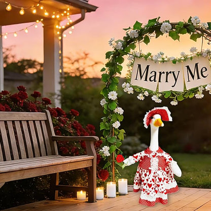 Romantic Porch Goose Dress - Heart-Patterned White Gown with Rose for 23-28" Geese, Ideal for Wedding Proposals, Bridal Events & Couple's Celebrations