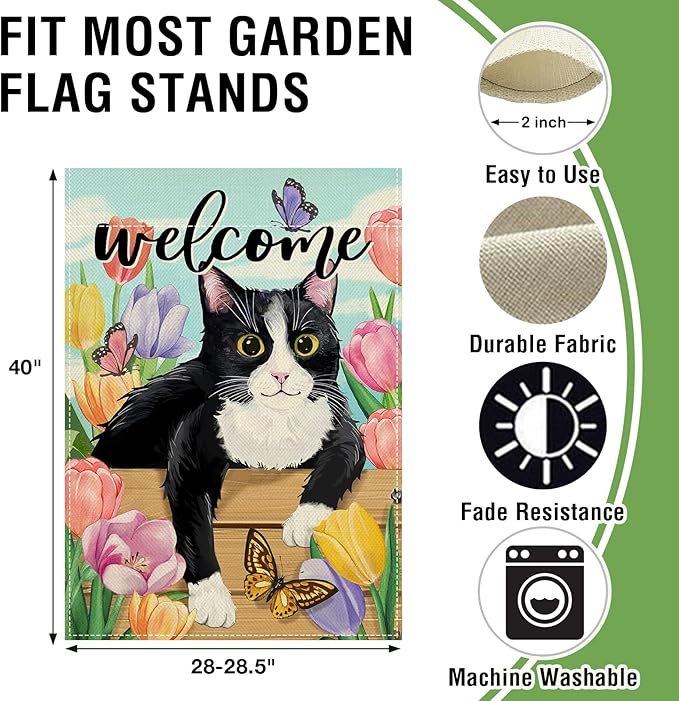 Artofy Welcome Spring Summer Tuxedo Cat Large Decorative House Flag, Tulip Flower Butterfly Yard Garden Outside Decor Pet Owner Lover Gift, Seasonal Floral Outdoor Home Decoration Double Sided 28 x 40
