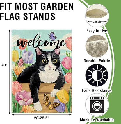 Artofy Welcome Spring Summer Tuxedo Cat Large Decorative House Flag, Tulip Flower Butterfly Yard Garden Outside Decor Pet Owner Lover Gift, Seasonal Floral Outdoor Home Decoration Double Sided 28 x 40