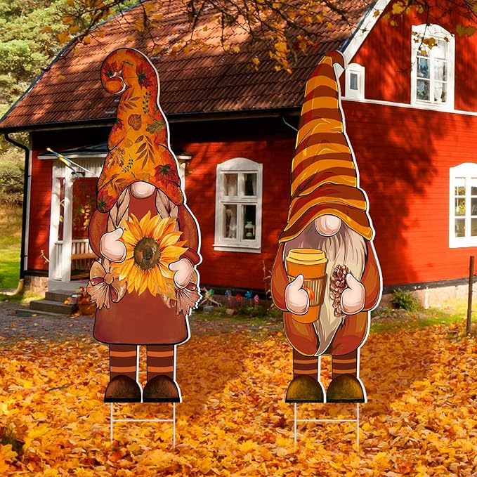 Umigy 3 Pcs Thanksgiving Yard Decor Cute Fall Gnome Yard Sign with Stakes 32 x 10 Inch Autumn Gnome Outdoor Lawn Decor, Outside Thanksgiving Garden Decoration for Home Pathway Walkway