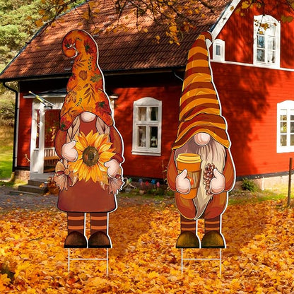 Umigy 3 Pcs Thanksgiving Yard Decor Cute Fall Gnome Yard Sign with Stakes 32 x 10 Inch Autumn Gnome Outdoor Lawn Decor, Outside Thanksgiving Garden Decoration for Home Pathway Walkway