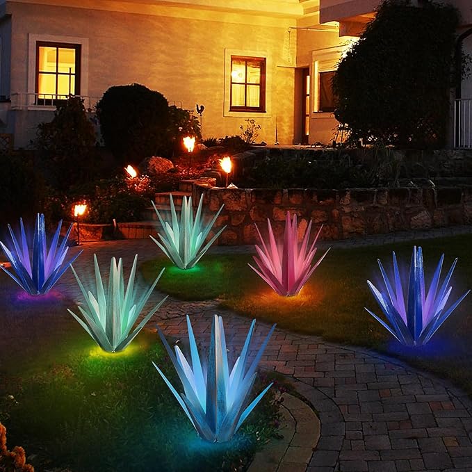 KODIBO Large Tequila Rustic Sculpture, Rustic Metal Agave Plants for Outdoor Patio Yard, Home Decor Hand Painted Metal Agave Garden Yard Statue, Outdoor Lawn Ornaments (Dark Blue - L (W/Solar Light))