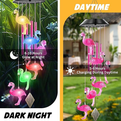 Solar Powered Flamingo Wind Chimes with 4 Music Aluminum Tubes, Flamingo Wind Chimes for Outside,Best Gifts for Mom Grandma Women Wife Aunt Sister, Unique Mobile Wind Chime, Garden Yard Decor