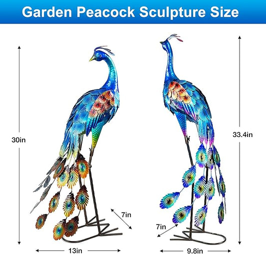 33.4“ Lifelike Metal Peacock Garden Sculptures Set of 2 - Hand-Painted Garden Peacock Sculpture Art and Durable Yard Art Outdoor - Garden Large Peacock Decorations for Patio Lawn or Backyard