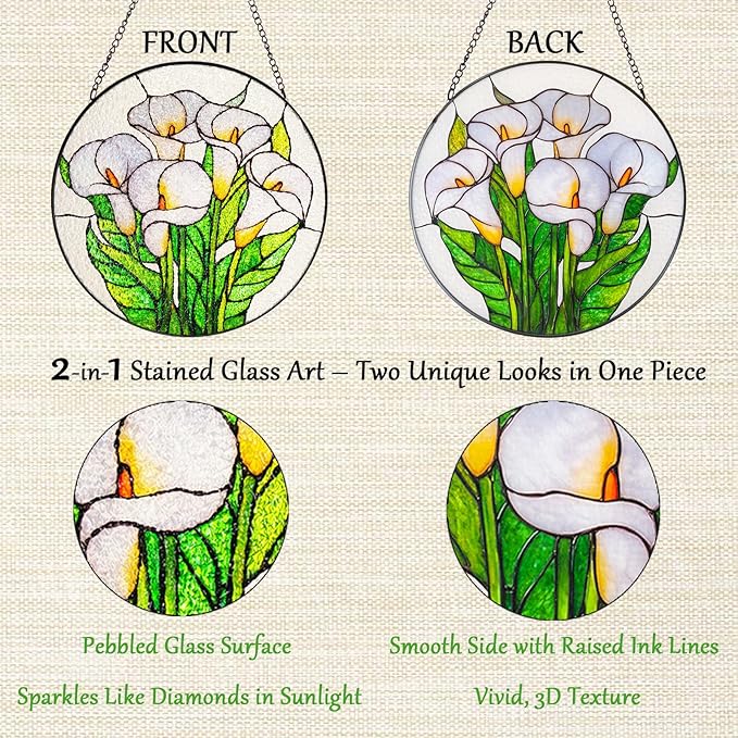 Double Sided Stained Glass Window Hanging, 7.9" Sun Catcher Panel, Green Plant Wall Art for Home & Garden, Unique Gift for Women & Men (Butterflies&Wildflowers, 7.9 Inch)