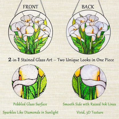 Double Sided Stained Glass Window Hanging, 7.9" Sun Catcher Panel, Green Plant Wall Art for Home & Garden, Unique Gift for Women & Men (Butterflies&Wildflowers, 7.9 Inch)