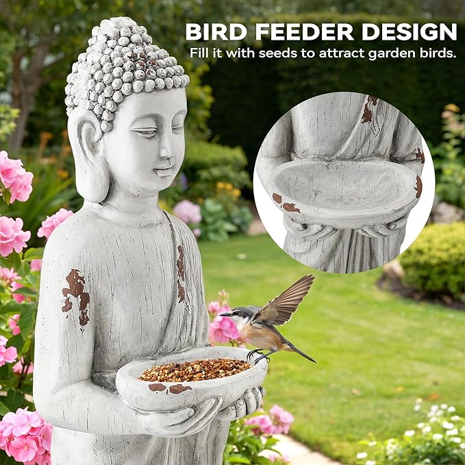 42" Extra-Large Buddha Outdoor Statue with Birdfeeder, Tall Zen Meditative Buddha Figures, Durable Weatherproof MGO Sculpture for Garden, Patio, Yard, Porch or Indoor Home Decor