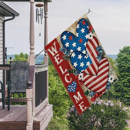 AVOIN colorlife 4th of July Love Heart House Flag 28x40 Inch Double Sided Outside, Welcome Independence Day Patriotic Stars and Stripes Yard Outdoor Decoration