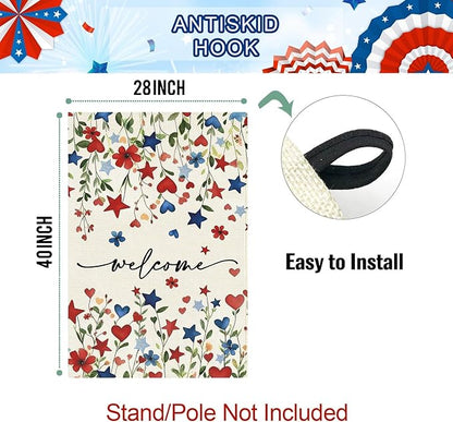 Baccessor Patriotic 4th of July House Flag 28x40 Inch Double Sided Burlap,Memorial Day Welcome American Red and Blue Flower Large Flag Summer Holiday Porch Patio Seasonal Outdoor Outside Decoration