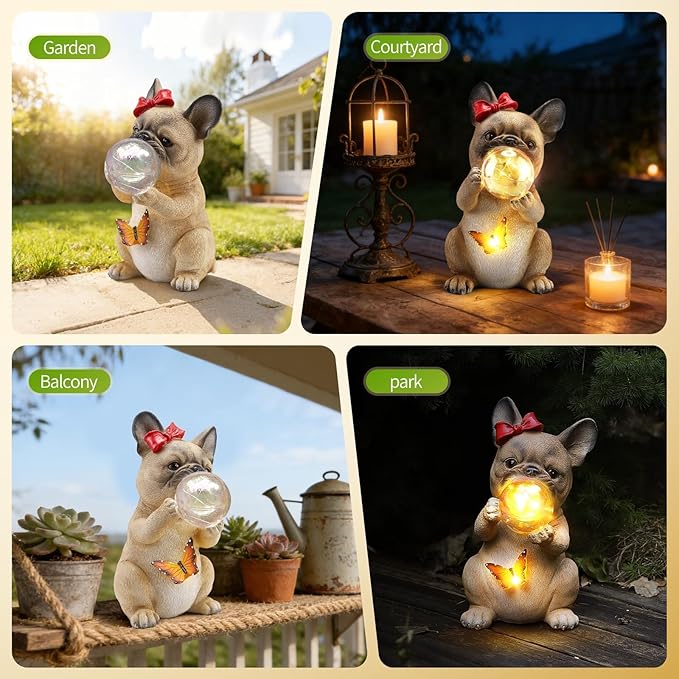 9.8" Solar Dog Garden Statue with Bubble & Butterfly Lights, Cute Sitting Puppy Resin Outdoor Decor, Waterproof Solar Powered Animal Statue for Yard, Lawn, Garden