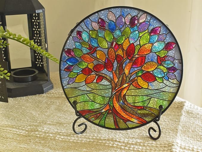 Stained Glass Window Hangings, Tree of Life with Hummingbird Suncatchers for Window, Treasured Gift for Mom, Grandma, Family and Friends (Colorful, 6.7x6.7 in)